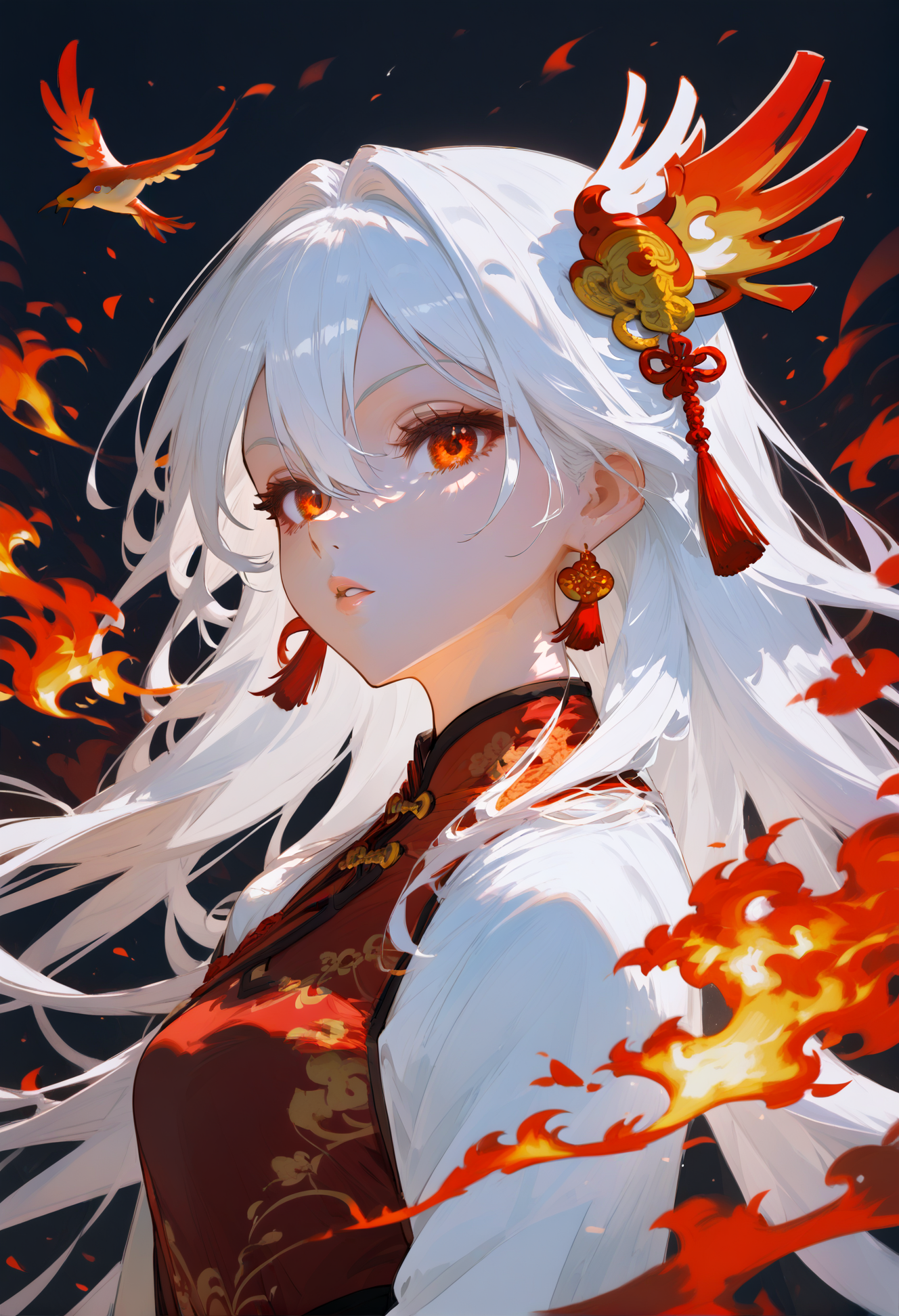 1girl, animal, bangs, bird, chinese clothes, earrings, fire, floating hair, from side, hair between eyes, hair ornament, h...